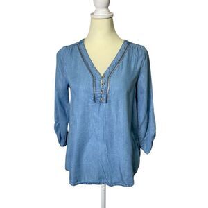 Sweet Wanderer 100% Lyocell Chambray Peasant Top Roll Tab Sleeves Women's Size S